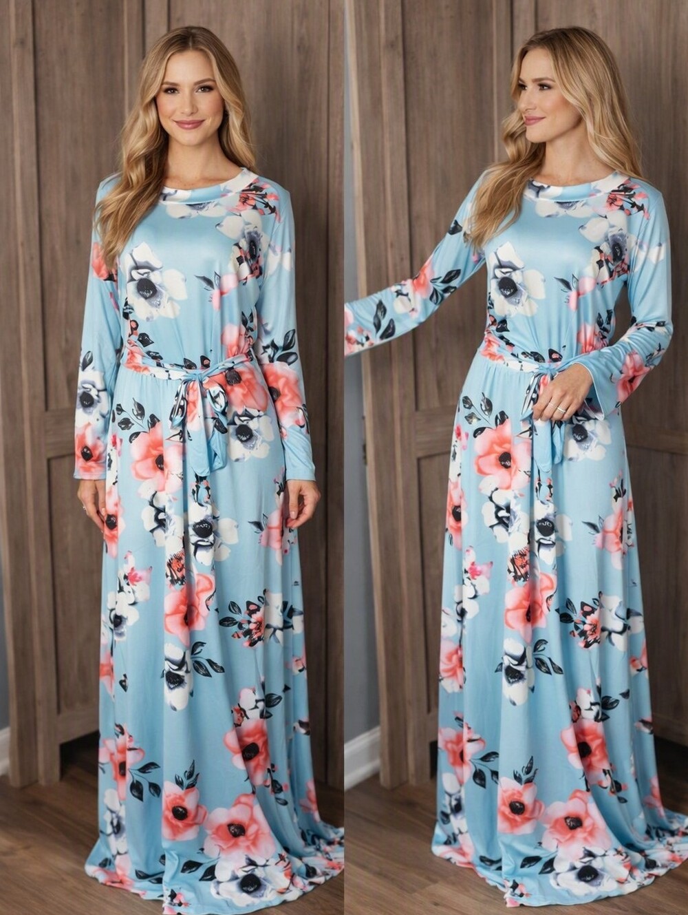 Blue Pink Floral Belted Maxi Dress – 3XL- Women’s 3XL Floral Print Dress